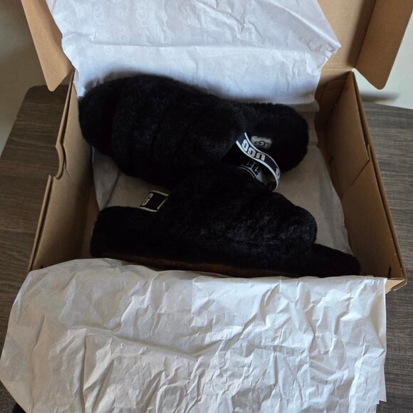 UGG Fluff Yeah Platform Slide Slipper Black Fur Sheepskin Sz Women's 9 Statement - Picture 7 of 12
